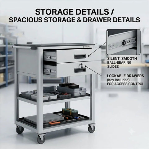 Heavy Hitter Anti Static Mobile Workbench Aluminum Utility Cart with lockable drawers and smooth swivel wheels for electronics repair.
