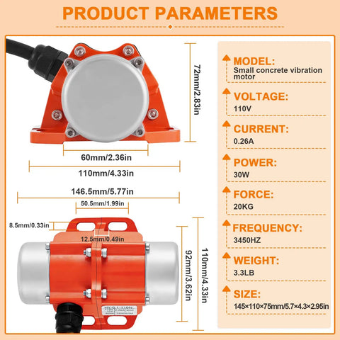 Compact 30W Concrete Vibration Motor With Speed Controller Plug And Play 110V Single Phase IP65 Waterproof 3600 RPM For Sand Shaking Tables And Small Concrete Vibration Projects, orange motor with dimensions