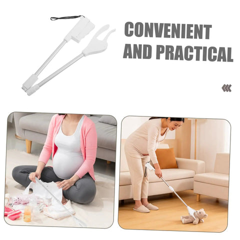 Long Reach Grabber Tool For Seniors 28 Inch Portable Reacher With Non Slip Grip And Stainless Steel Claw Ideal For Kitchen Balcony Home Care Travel The Ultimate Helper For Everyday Tasks At Home And On The Go. White reacher tool with stainless steel claw, used to pick up items at home.