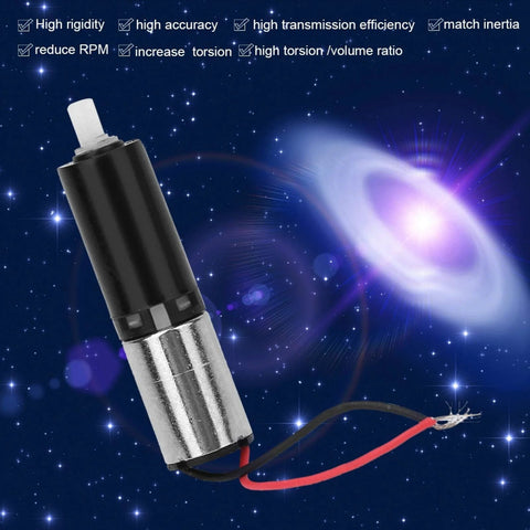 Side view of 6mm precision micro planetary DC gear motor; black upper housing, silver lower housing, red and black wires