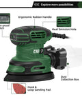 Detail Sander 13000 RPM Palm Sander 1.6A with dust-proof switch, ergonomic handle, and dust collection box, includes sanding pad.