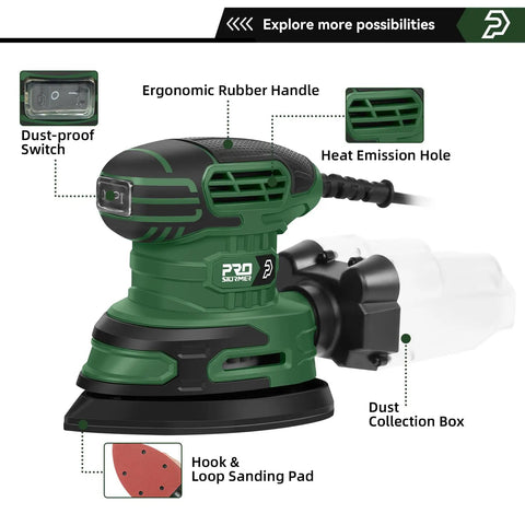 Detail Sander 13000 RPM Palm Sander 1.6A with dust-proof switch, ergonomic handle, and dust collection box, includes sanding pad.