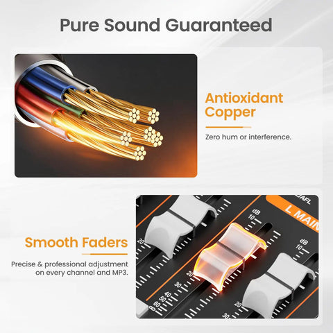 Antioxidant copper wires and smooth faders of 8 Channel USB Audio Mixer With 24 Bit DSP, Bluetooth 5.0 Studio Sound Card.