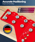 Anodized red all-metal Two In One Cabinet Jig With Eleven Hole Shelf Pin Guide And Concealed Hinge Drill Template on wood surface.