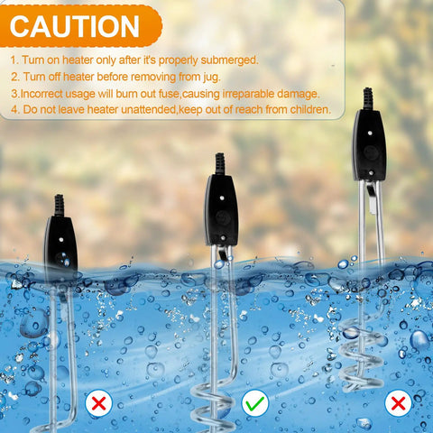 Portable Immersion Water Heater 1000W 110V Submersible Heating Coil For Heating Water In Jugs Buckets And Flasks On The Go Safe Easy To Use For Home Kitchen Camping And Office, showing proper immersion and caution instructions.