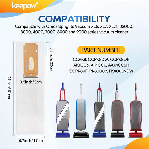 12 Pack Type CC Vacuum Bags For Oreck XL Upright Vacuums, Replacement Bags Fits XL2100RHS, U2000R1, CCPK8 sizing and compatibility.