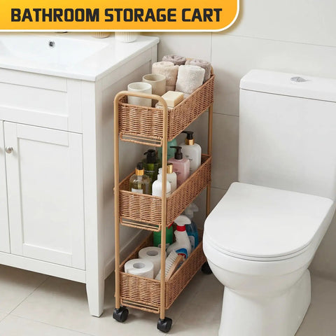 Ultra Slim 3 Tier Rolling Storage Cart for Small Spaces Narrow 7.1 Inch Wide Mobile Shelving Unit next to bathroom sink and toilet