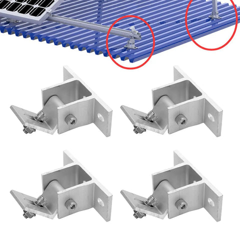 Eight Piece Solar Panel Mounting Bracket Feet with screws and gaskets on blue roof, lightweight aluminum support for RVs and more.
