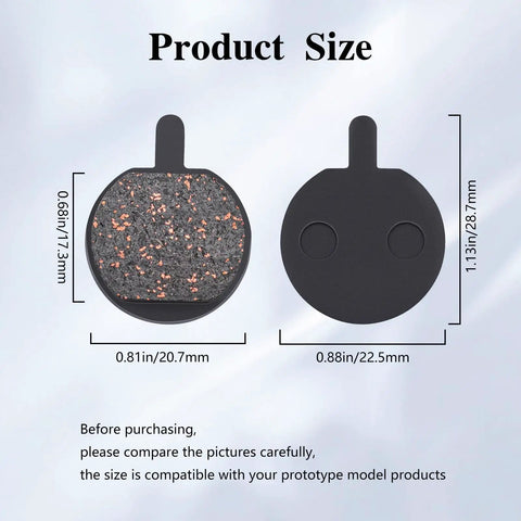 Pro Level Semi Metallic Disc Brake Pads For Mountain Bikes showing size dimensions 0.68in and 0.81in for compatibility.