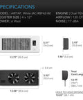 Specifications of 4x12 Register Booster Fan With Bluetooth App Control, showing dimensions and dual fan design