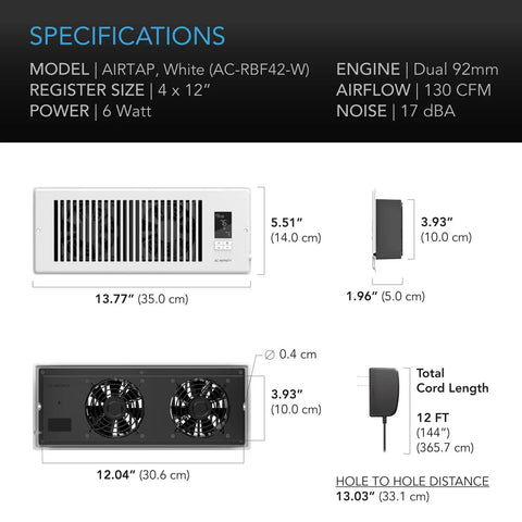 Specifications of 4x12 Register Booster Fan With Bluetooth App Control, showing dimensions and dual fan design