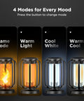 Lit Real Flame Solar Lanterns with USB charging showing four modes: flame, warm light, cool white, and warm + cool