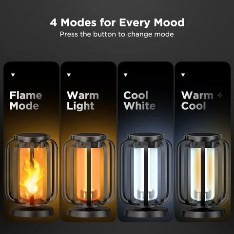 Lit Real Flame Solar Lanterns with USB charging showing four modes: flame, warm light, cool white, and warm + cool