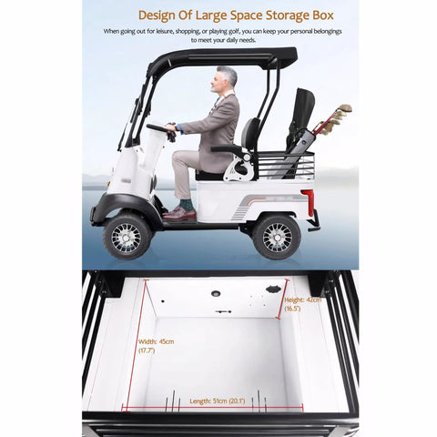 Electric Golf Cart 4 Wheel Mobility Scooter With Cargo Box Heavy Duty Farm Utility Vehicle For Seniors Adults 800W Brushless Motor 60V Battery 12 Mph No Sweat Cruising Easy Roll White side view with large storage box dimensions shown.