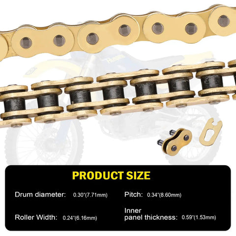 520 X Ring Drive Chain 130 Links With Master Link For Motorcycle Go Karts Mini Trail Bike And Bicycle in close-up with size chart