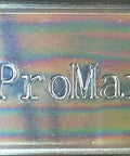 Close-up of ProMark logo engraved on a multicolored metallic surface