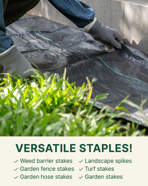 Close-up of hands installing landscape fabric using Flip Washer Garden Stakes And Landscape Staples, 6 Inch Metal Yard Spikes.