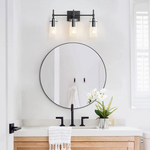 Three Light Black Vanity Light Fixture Over Mirror With Clear Glass Shades For Sleek Modern Bathroom E26 Bulb Compatible