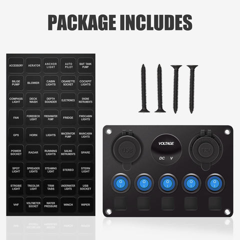Blue 5 Gang Marine Rocker Switch Panel With Waterproof Build 15A Inline Fuse 12V DC Power Outlet Digital Voltmeter USB Charger Port Cigarette Lighter Socket For Truck RV Boat Ready Rig package contents including switch panel, screws, labels