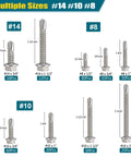 Self Drilling Screws Assortment Kit In 410 Stainless Steel, 370 Pieces DIY Friendly Self Tapping Hex Washer Head Screws For Metal Wood Plastic, Sizes Half Inch To Two Inches, Includes Size Eight, Size Ten And Size Fourteen illustrated.