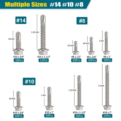 Self Drilling Screws Assortment Kit In 410 Stainless Steel, 370 Pieces DIY Friendly Self Tapping Hex Washer Head Screws For Metal Wood Plastic, Sizes Half Inch To Two Inches, Includes Size Eight, Size Ten And Size Fourteen illustrated.