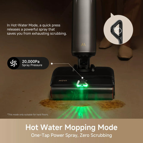Zero Drama Cordless Wet And Dry Vacuum Cleaner Killing Sticky Messes With 20000Pa Suction, Tangle Free Rollers, Hot Water Wash, Instant Self Dry, Lie Flat Maneuver, And Plug Ready Charging Dock in Hot Water Mode.