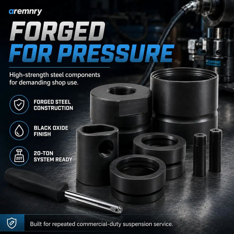 Leaf Spring Pin Bushing Removal Adapter Press Tool For Semi Truck On Vehicle Service Heavy Duty Extraction And Installation Directly On The Chassis No Hammer Or Torch Needed By Mechanics, forged steel black oxide parts