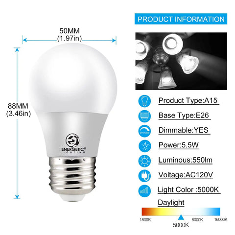 A15 Refrigerator LED Bulbs 40W Equivalent 5.5W Dimmable No Flicker No Noise Daylight 5000K E26 Base ULListed Energy Saving
