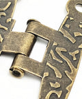Close-up of 4Pcs Antique Vintage H Shaped Cabinet Door Hinges with decorative engravings for jewelry boxes and furniture decor.