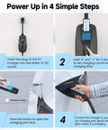 Tesla Level 2 EV Charger 32Amp 240V 7.68kW NACS Compatible NEMA 14-50 Plug shown in four-step charging guide