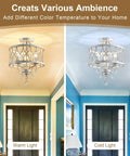 Straight Up Stunning Three Light Semi Flush Mount Crystal Ceiling Light Fixture In Vintage Rustic White Finish For Farmhouse Hallway Kitchen Entryway Bedroom Or Living Room with warm and cold light options.