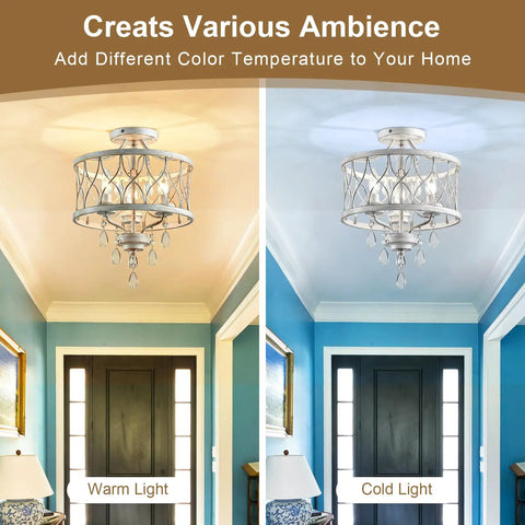 Straight Up Stunning Three Light Semi Flush Mount Crystal Ceiling Light Fixture In Vintage Rustic White Finish For Farmhouse Hallway Kitchen Entryway Bedroom Or Living Room with warm and cold light options.