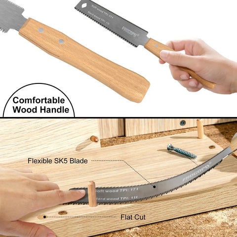 6 Inch Pull Saw For Woodworking With Double Edge Blade 17 11 TPI, Japanese Flush Cut, showing wood handle and flexible blade.