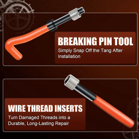 Breaking pin tool and wire thread inserts in 131 Piece Thread Repair Kit With HSS Drill Bits And Stainless Steel Helicoil Inserts