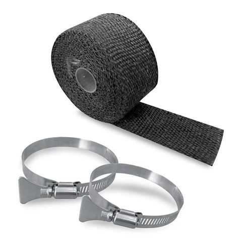 Image of 2 Pack Fireproof Pipe Wrap Insulation 2 Inch Wide 16 Feet Long Fiberglass Heat Shield Tape Pipe Webbing For Stove Flue Protector Includes 4 Clamps Black.