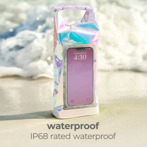 Soap Bubble Mini IP68 Waterproof Bucket Bag 2L on beach displaying phone through iridescent material