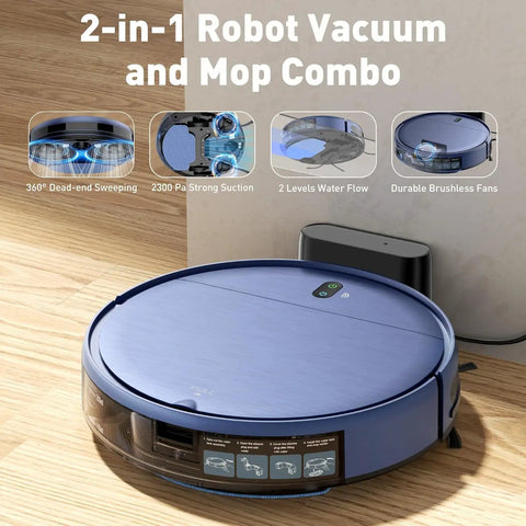 Robot Vacuum And Mop Combo With Schedule App Remote Voice Control 2300Pa Strong Suction Slim Self Charging Dock on wood floor