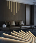 8 Pack Black LED Recessed Lighting Kit With 3000K Warm White LED Strip Lights, installed on dark wood slat wall in living room.