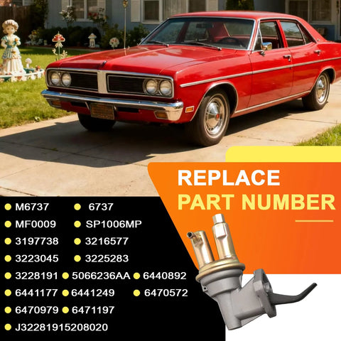 Drop In M6737 Mechanical Fuel Pump Replacement For Jeep And AMC Classics, part numbers listed, alongside classic red car