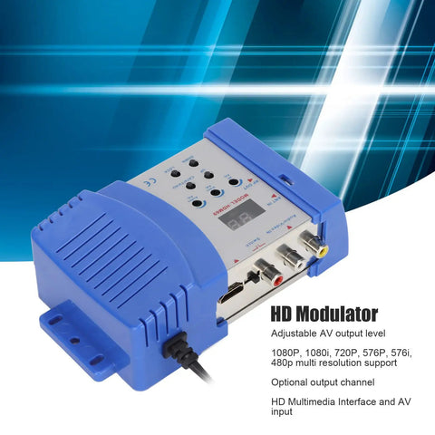 HDMI To RF Modulator For TV With PAL NTSC Support, composite video converter, blue device with ports, adjustable resolution, coaxial