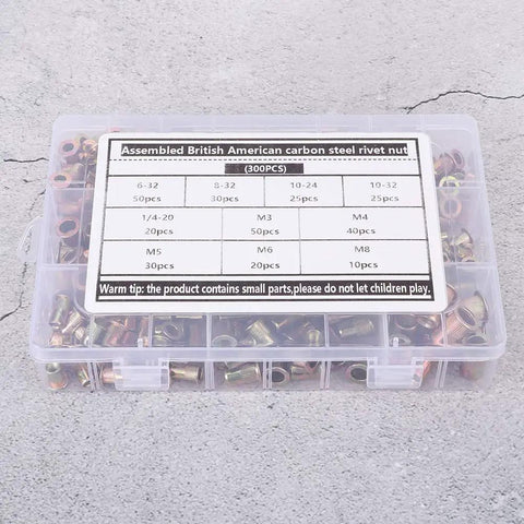 300 Pcs Carbon Steel Rivet Nut Kit With Color Zinc Plated Finish, metric and inch sizes in transparent box