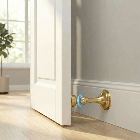 Magnetic Door Stop 2 Pack Heavy Duty Stainless Steel No Drill Wall Or Floor Mount With 3M Tape Or Screws Strong Magnet Keeps Doors Open Full Round Head Golden Finish installed on wall