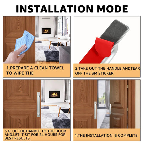 Installation guide for self stick instant cabinet drawer handles set, showing steps for easy application on wooden doors.