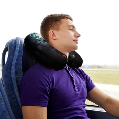 Person using Gothic Happy Halloween Travel Pillow U Shape Neck Support For Air Travel Car Ride Office Or Home Napping