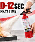 Knock Out Fires Fast With This Badass 2.5 Lb Abc Dry Chemical Fire Extinguisher spraying on flames with 10-12 sec spray time.