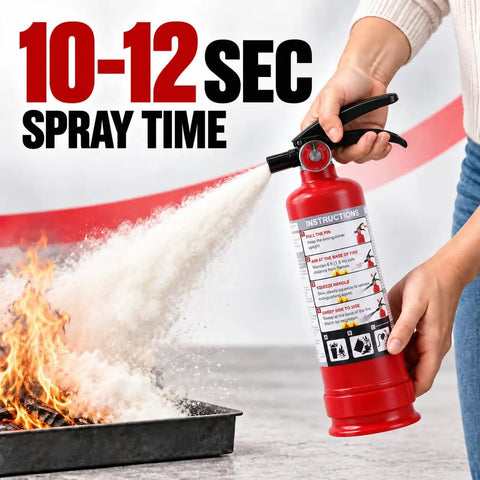Knock Out Fires Fast With This Badass 2.5 Lb Abc Dry Chemical Fire Extinguisher spraying on flames with 10-12 sec spray time.
