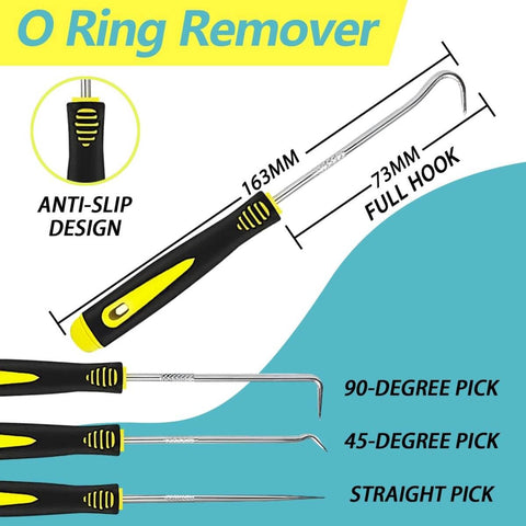 O-ring remover set, showing full hook and pick designs, with anti-slip handles for Viton O Ring Assortment Kit, 386 Pieces.