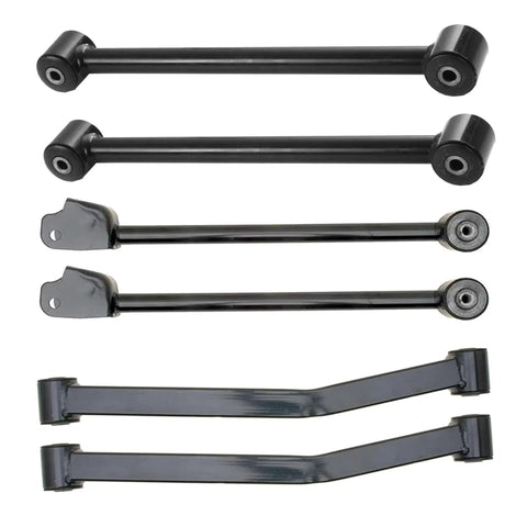 Heavy Duty 21 Piece Front Upper And Lower Control Arm Kit With Rear Lower Arms, Ball Joints, Sway Bar Links, Outer Tie Rod Ends, And Steering Drag Link For Jeep Wrangler JK 2007-2018 black steel suspension arms