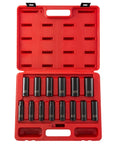 Deep 1/2 Inch Drive Metric Impact Socket Set, 14-Piece, in red case, showcasing 6-Point, High-Torque Chrome Moly Steel, sizes 10mm to 27mm.