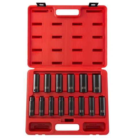 Deep 1/2 Inch Drive Metric Impact Socket Set, 14-Piece, in red case, showcasing 6-Point, High-Torque Chrome Moly Steel, sizes 10mm to 27mm.